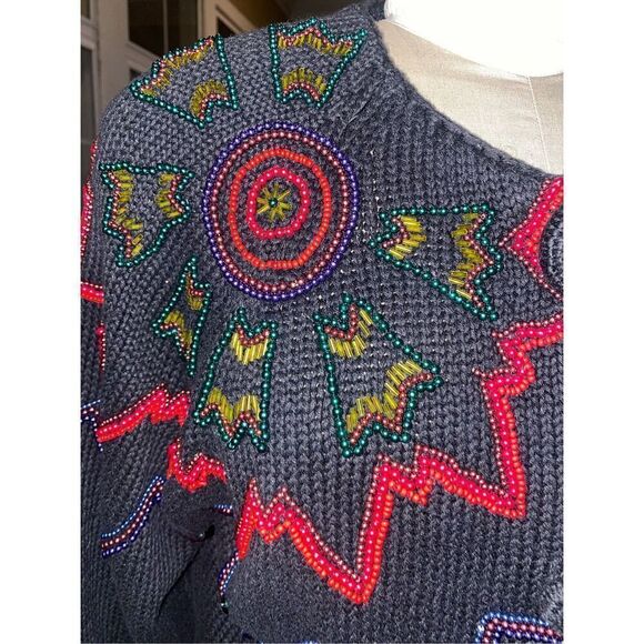 New York News Abstract Beaded Cardigan Vintage Sz. L Starburst Boxy, Y2K - Picture 11 of 11